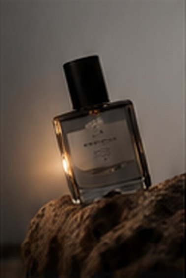 Perfume bottle lit by candlelight on a rock